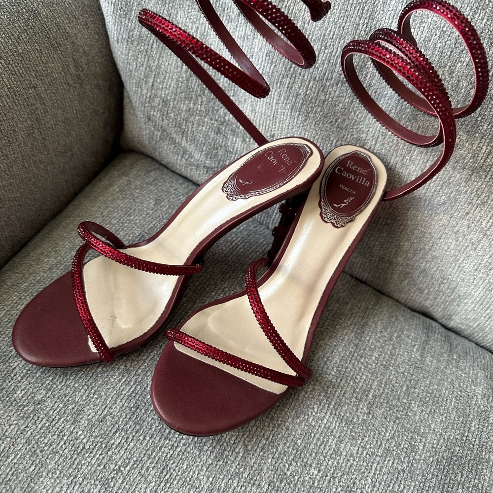 Rene Caovilla Burgundy Red Strappy Crystal Wrap Sandals - Picture 2 of 16